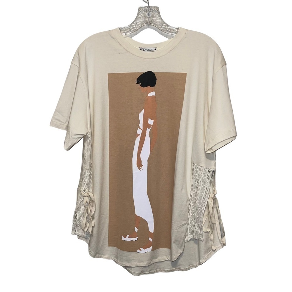 Zara Cream Graphic Tee with Beige Panel and White Figure